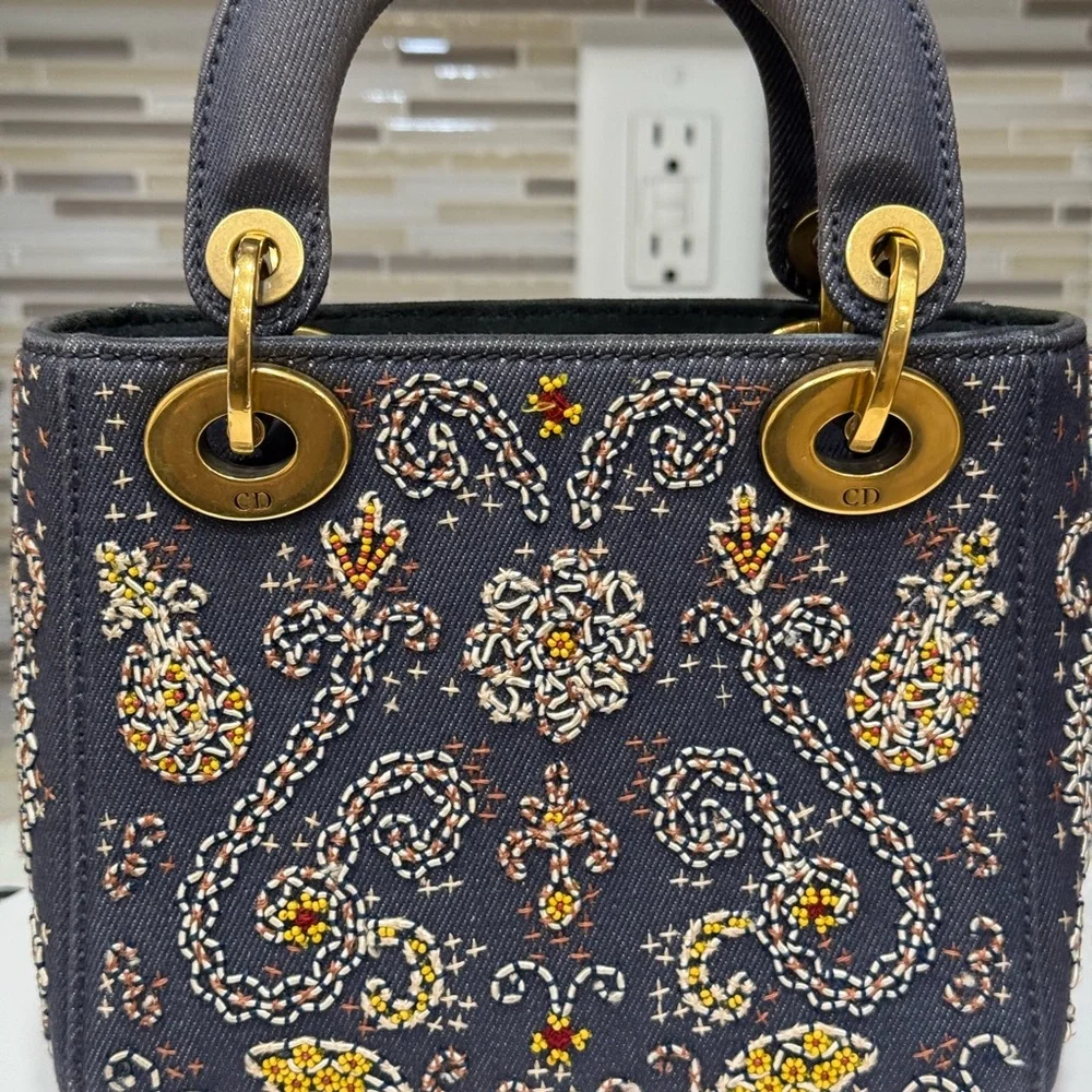 LADY DIOR DENIM ALL HAND STUDDED AND STITCHED with beautiful gold hardware SMALL - Picture 3 of 10